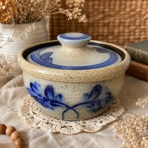 Vintage 1988 Rowe Pottery Works Stoneware Covered Casserole Pot Blue Floral USA